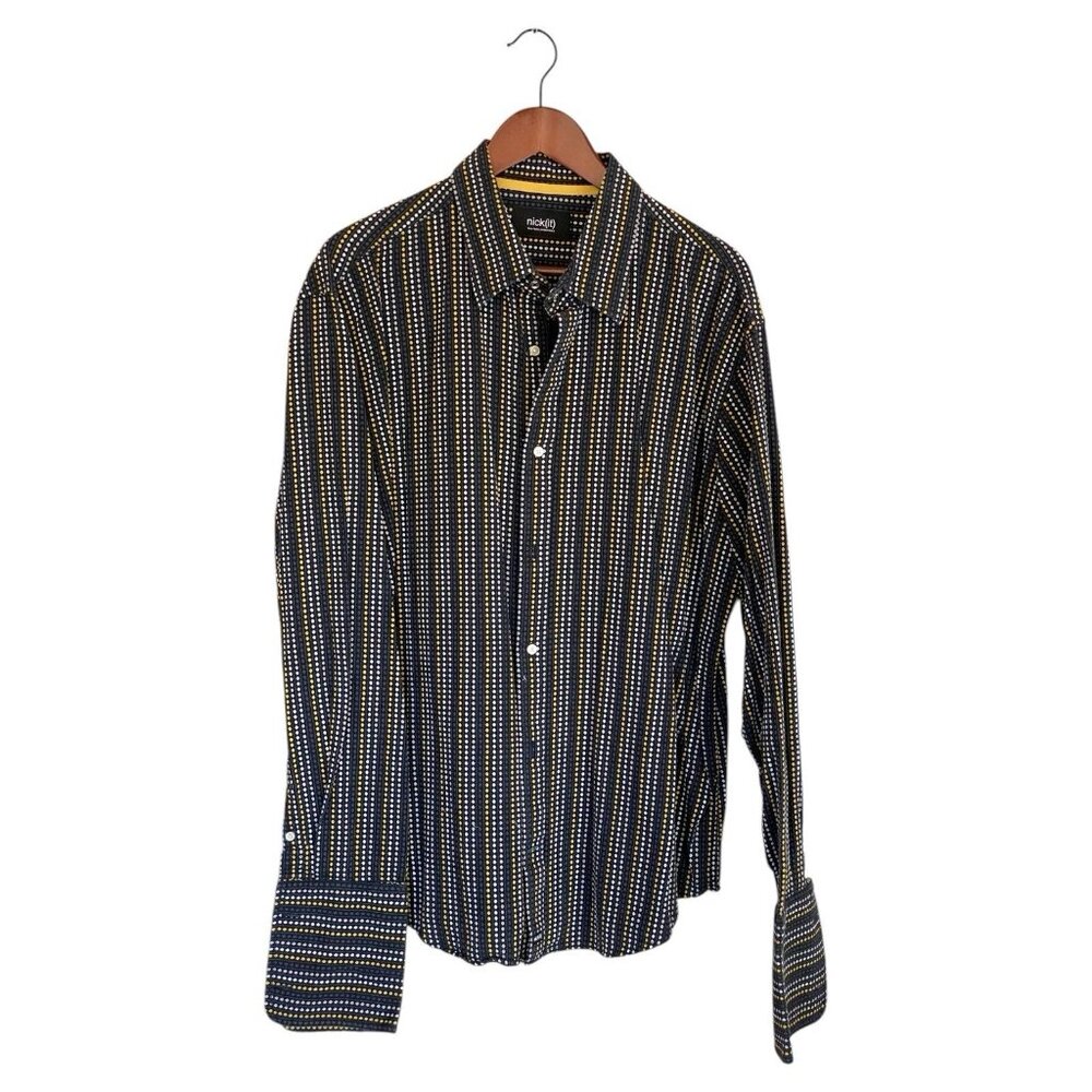 nick(it) Clothing Men's XXL Black Circle Stripes Gray Long Sleeve Button Up